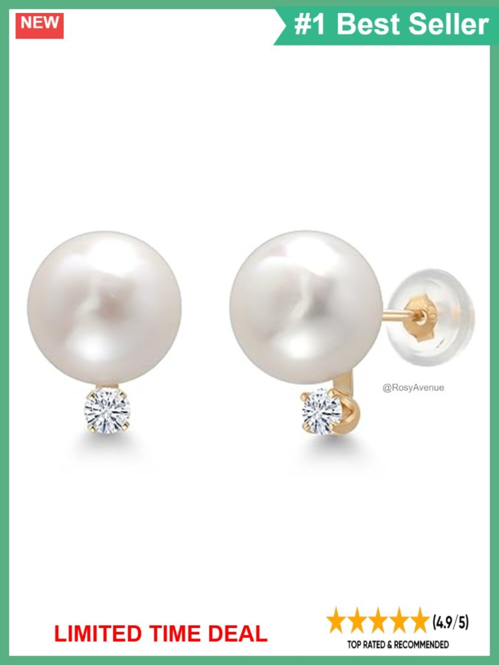 14K Yellow Gold Cultured Pearl & Moissanite Stud Earrings 6.5MM